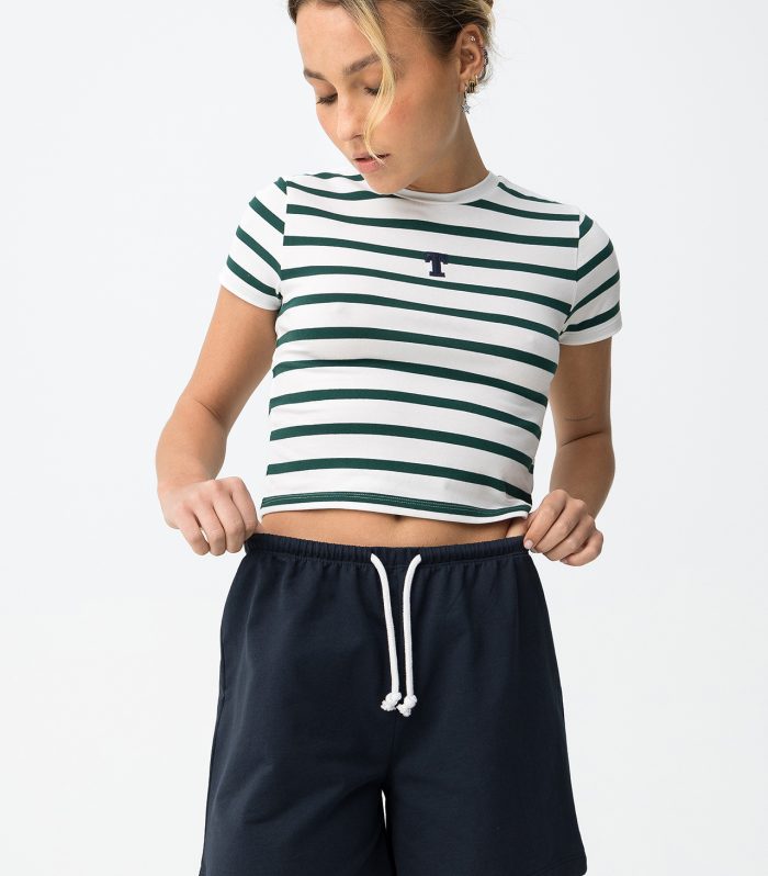 T-shirt riscas verde curto