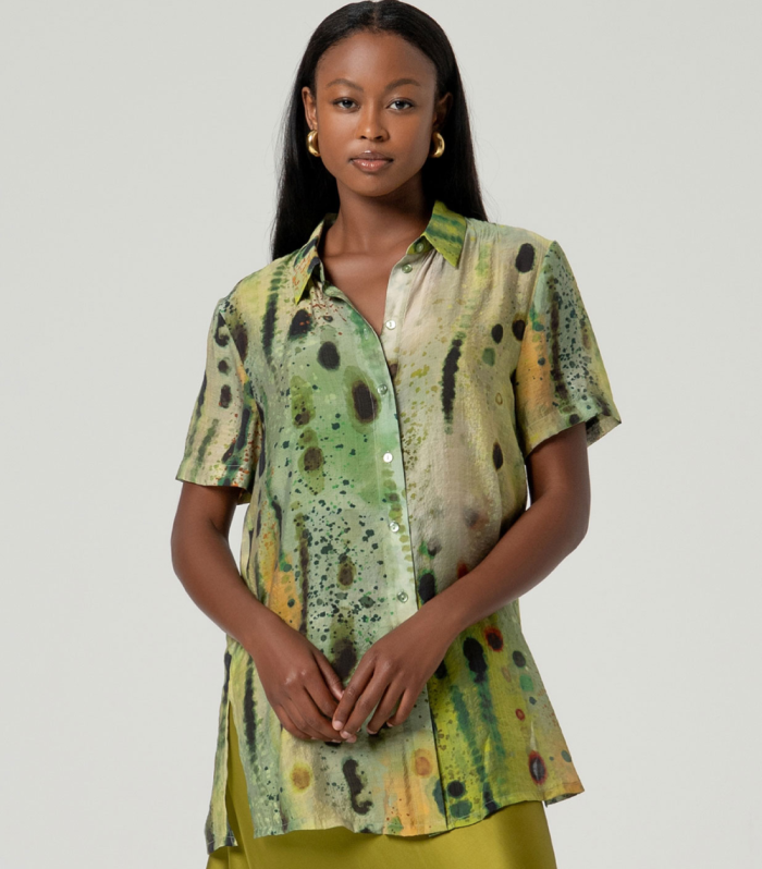 Camisa listra vertical de manga curta Verde