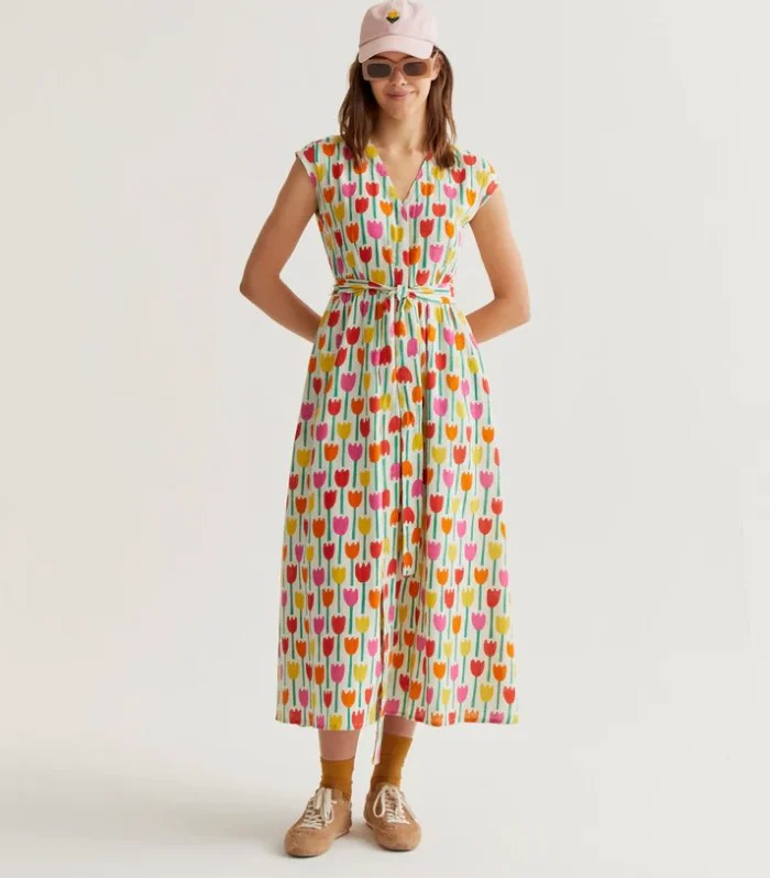 Vestido longo com estampa de tulipas