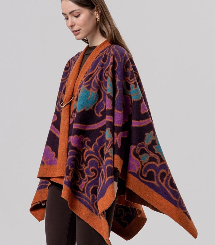 Poncho aberto de malha jacquard Grená