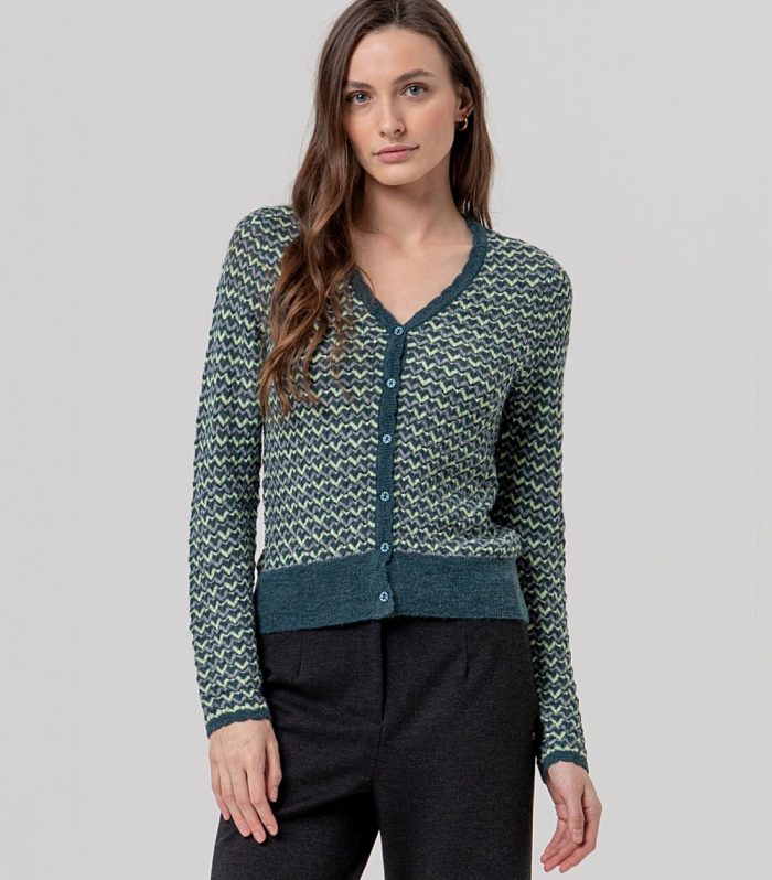 Cardigan decote em V em ziguezague Verde garrafa